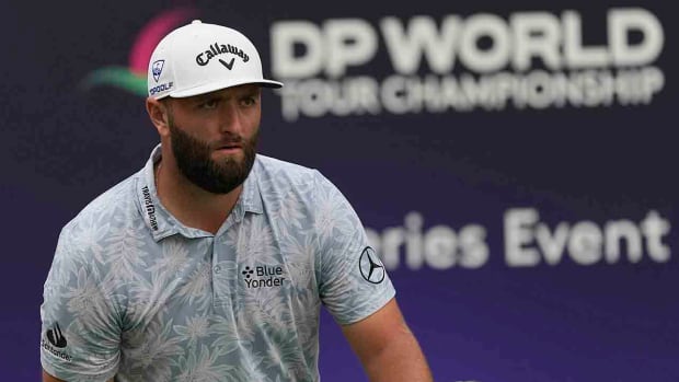 Jon Rahm follows his ball during the 2023 DP World Tour Championship in Dubai, United Arab Emirates.